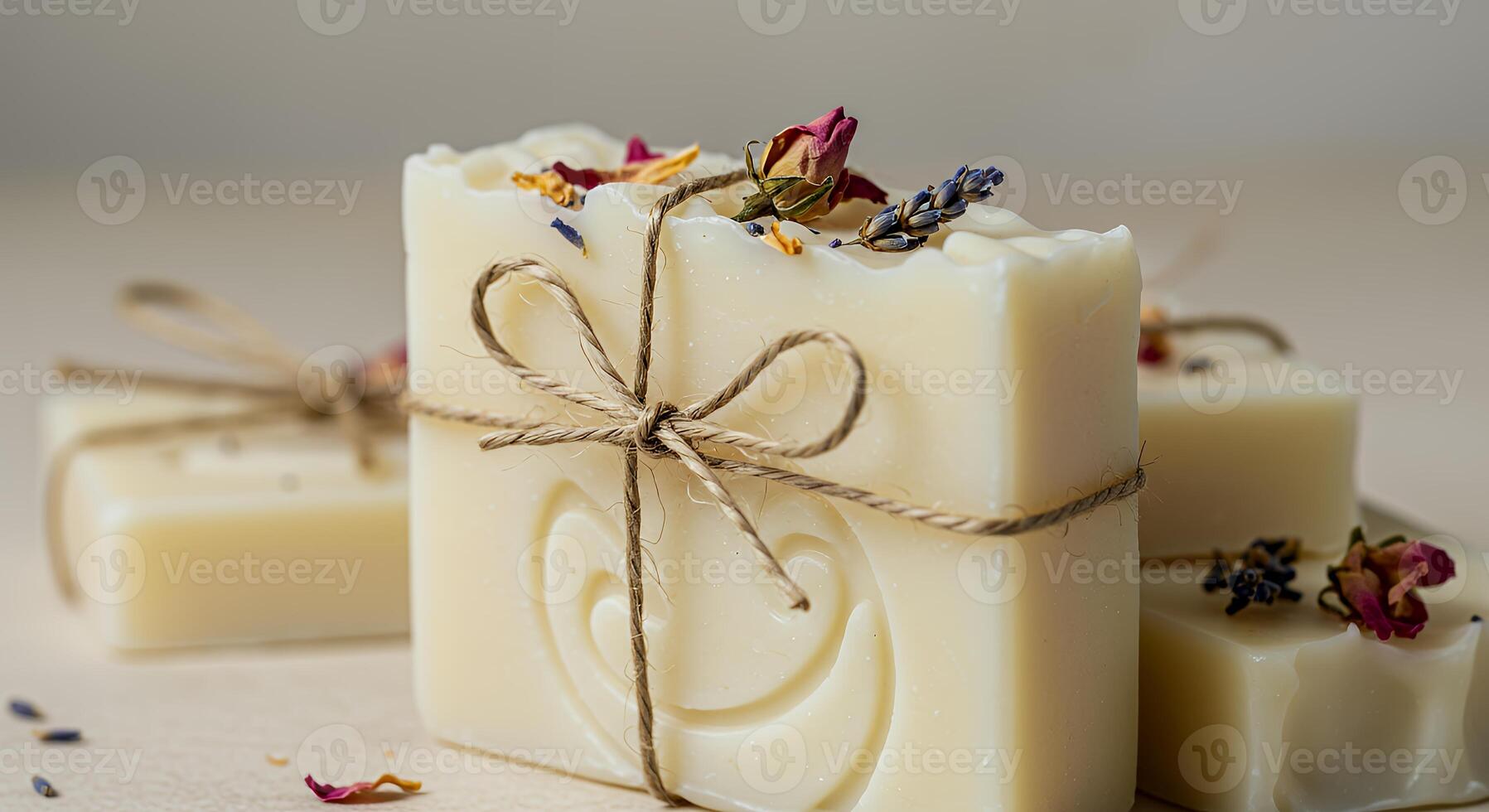 Three soap bars wrapped in twine with dried flowers photo