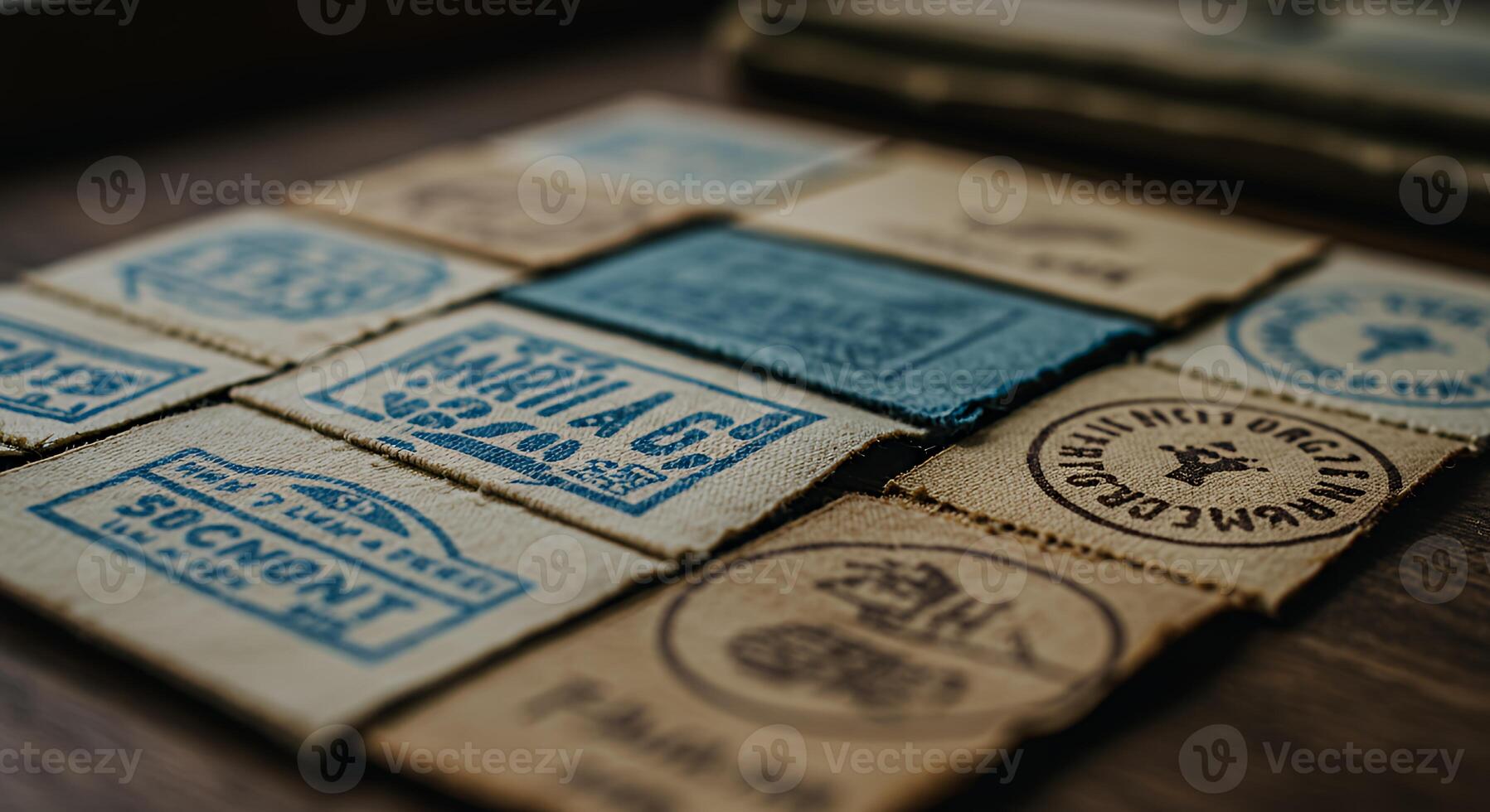 A collection of vintage stamps on a wooden table photo
