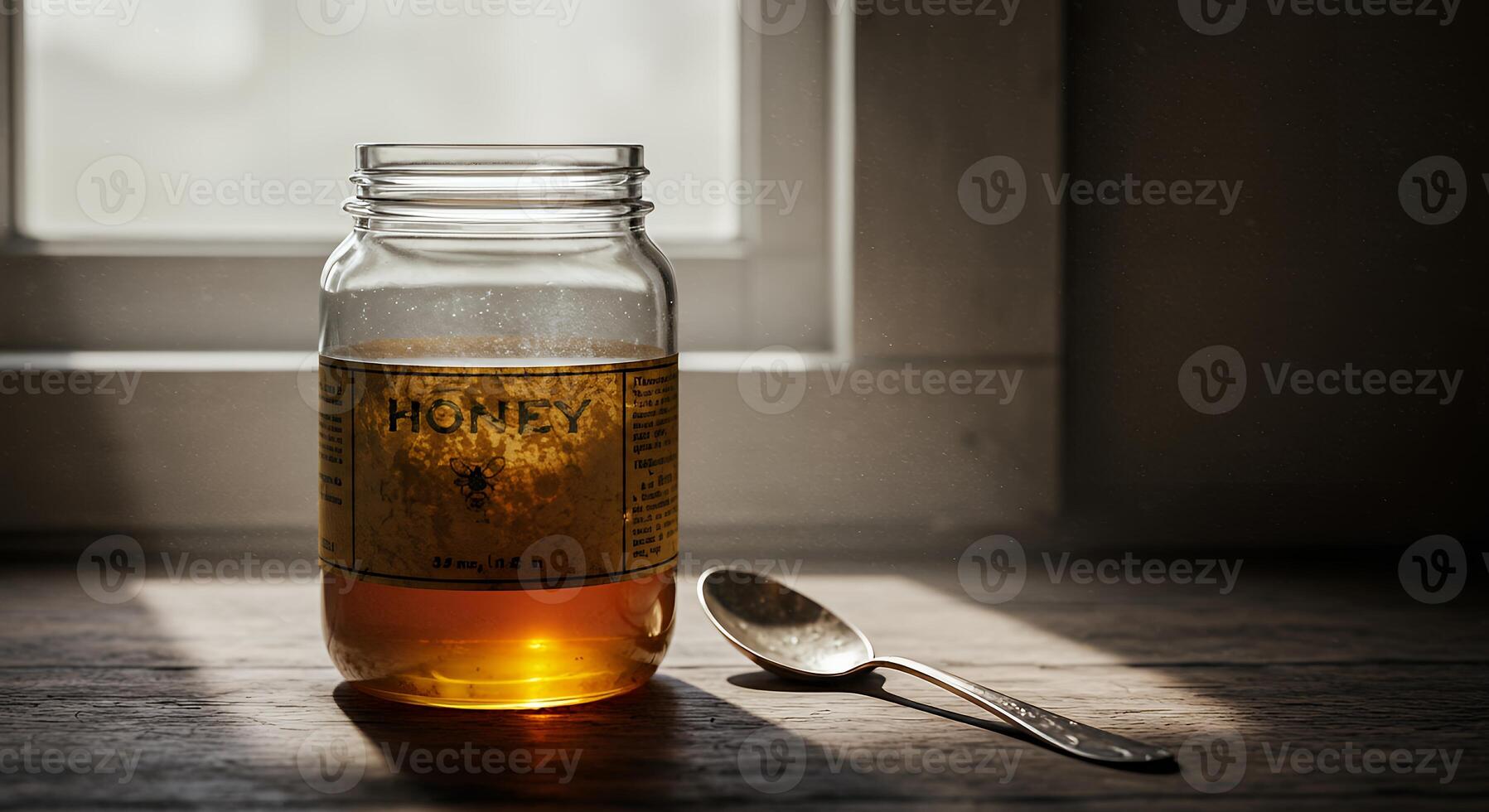 A jar of honey sitting on a table next to a spoon photo