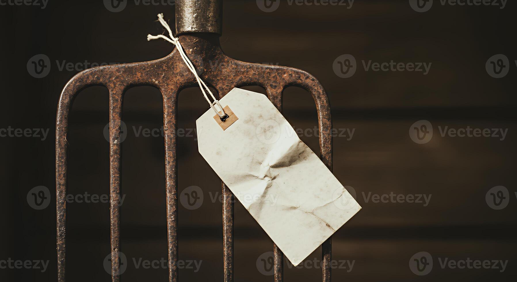 A rusty fork with a tag hanging from it photo