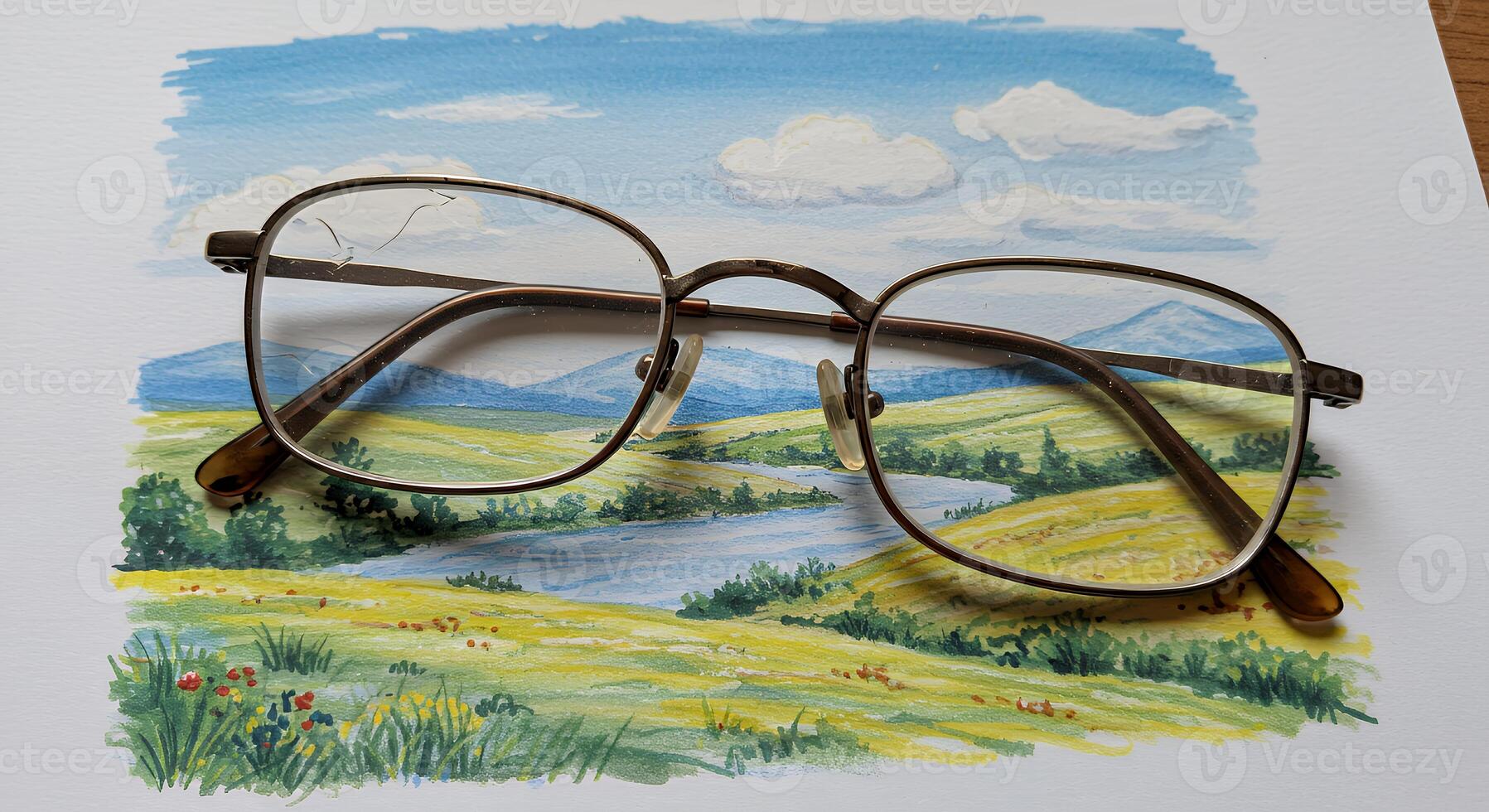A pair of glasses on a table with a landscape photo