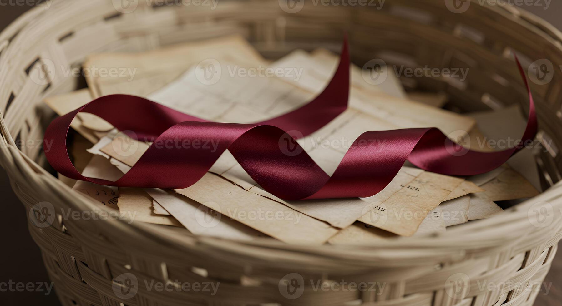 A basket with a red ribbon and some old papers photo