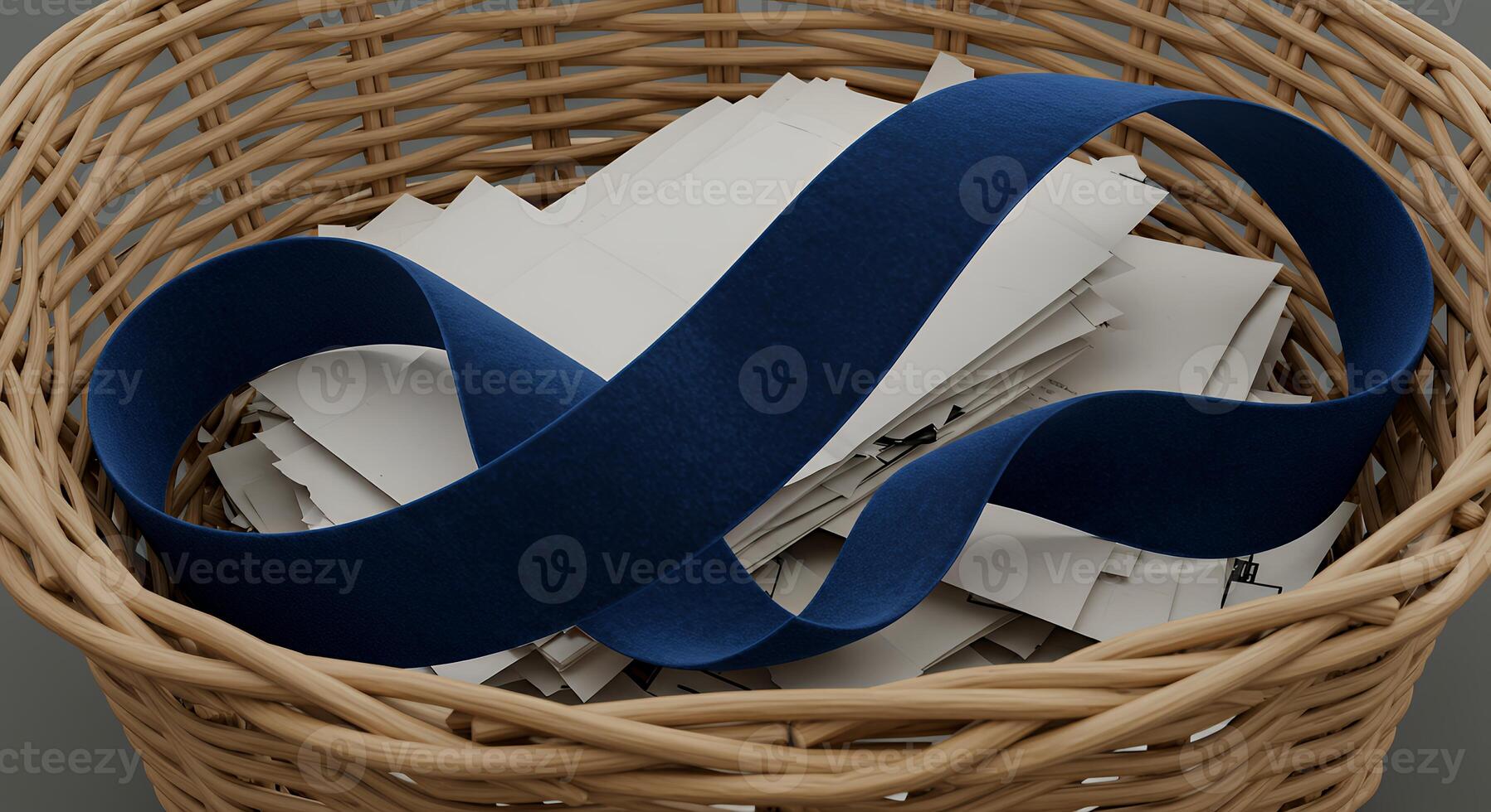 A basket with a blue ribbon inside photo