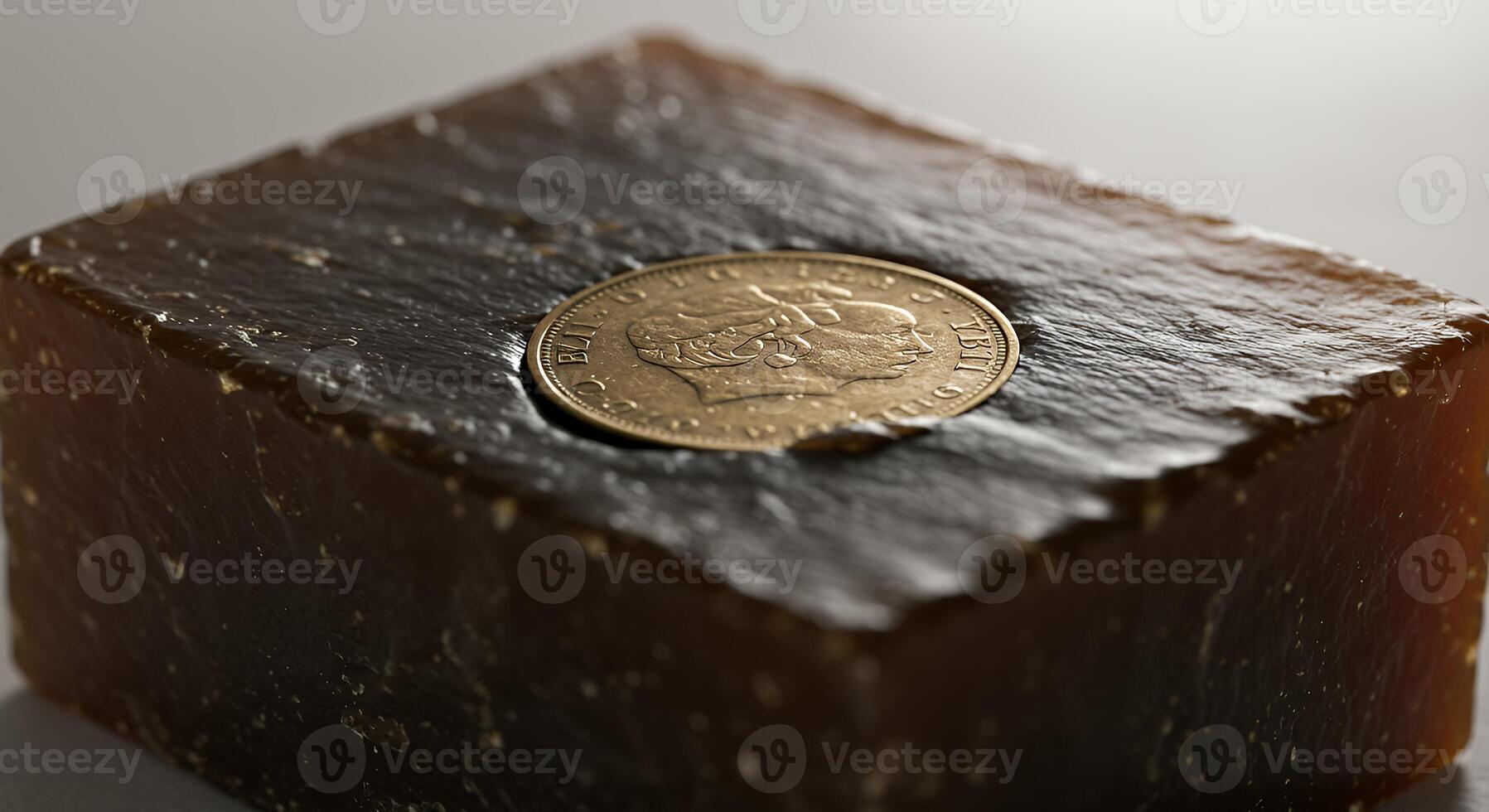 A small coin sitting on top of a block of chocolate photo