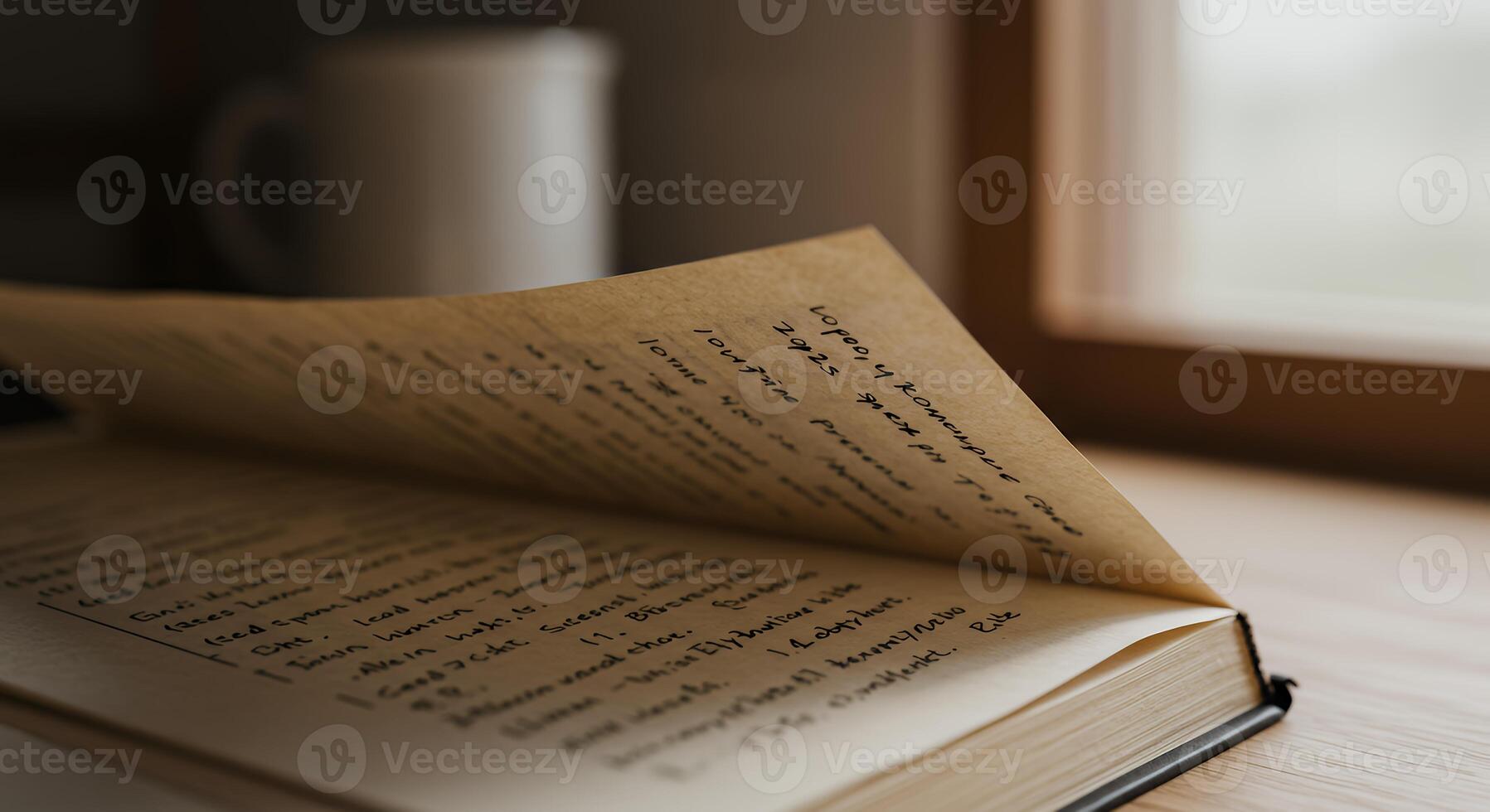 An open book on a table with a cup of coffee photo