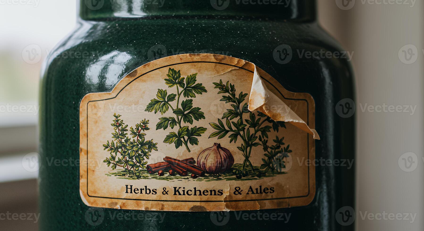 A green jar with a label on it photo