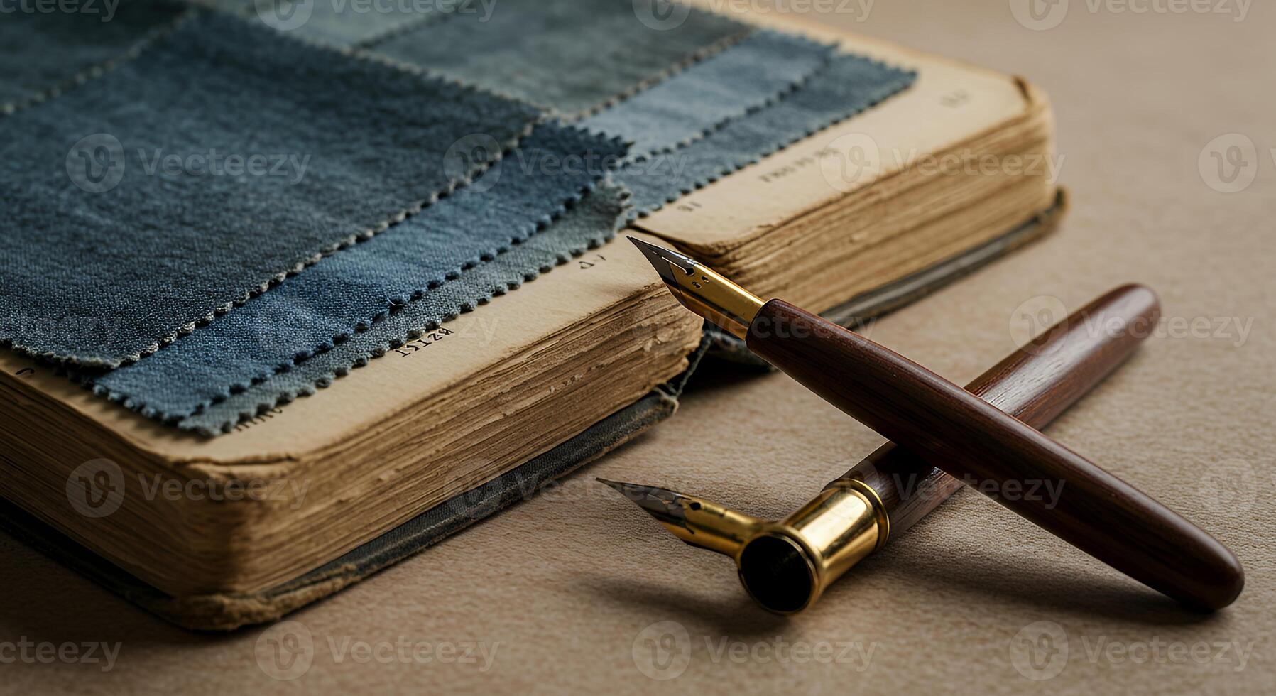 A book with a pen and a blue cloth photo