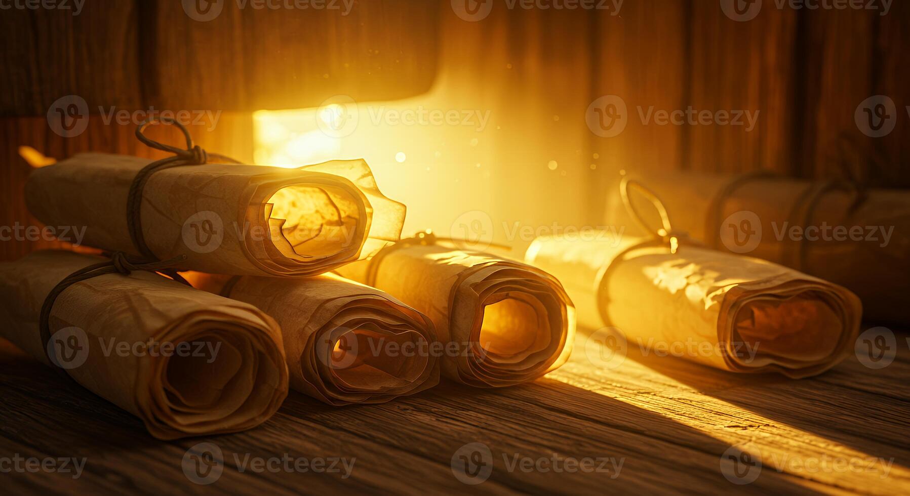 Rolls of paper on a wooden table with sunlight photo