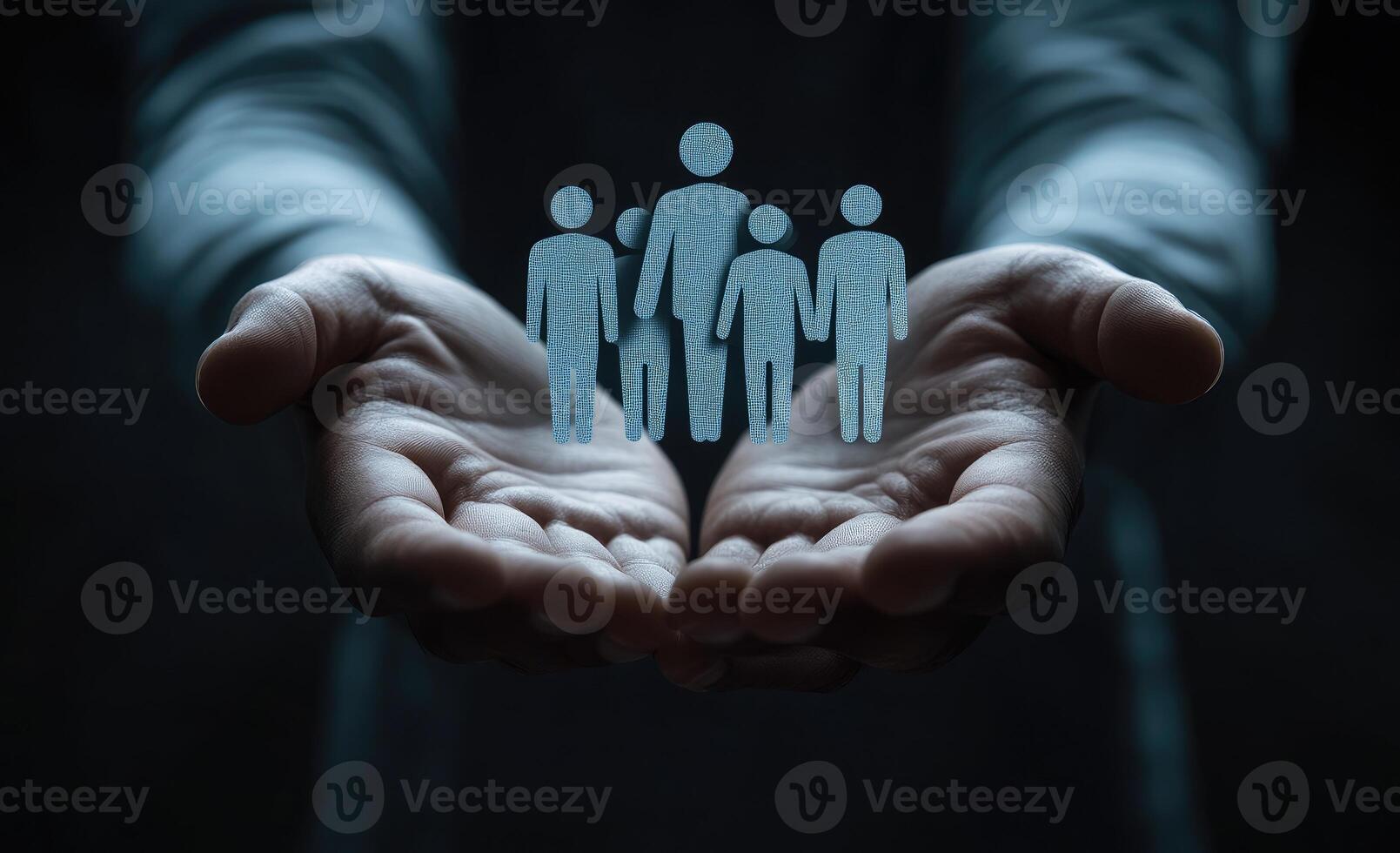 Hands holding a group of people in the shape of a family photo