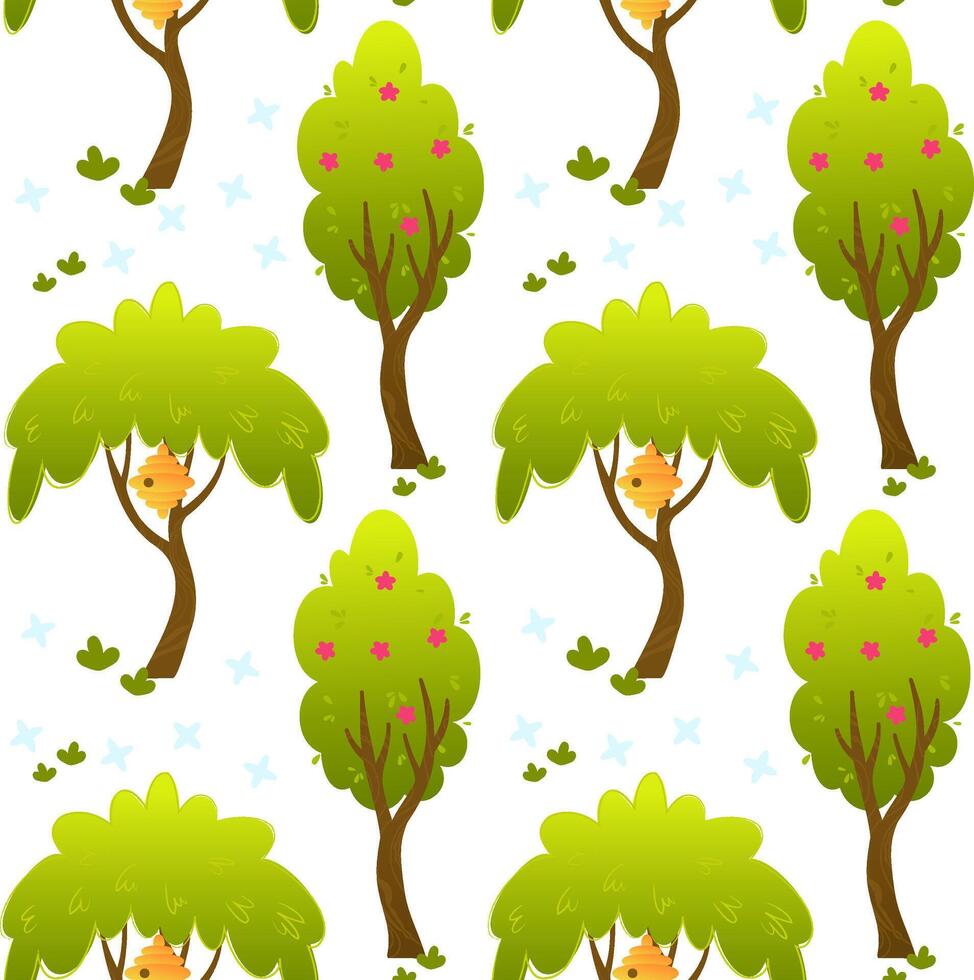 Seamless pattern with cartoon trees, beehive, grass and blue flowers. Cute spring-summer design for kids, baby textiles, wrapping paper, and eco-themed backgrounds vector