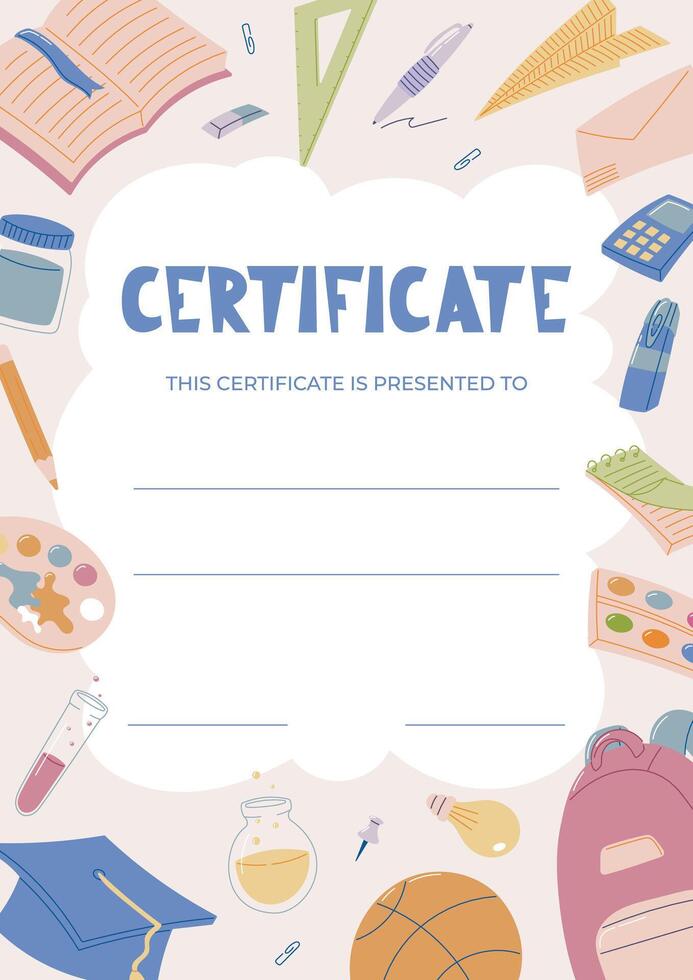 School Diploma Certificate Template for Kids with Educational Elements. Award or Achievement Document Cartoon Design with Stationery, Sports, and Science Icons. vector