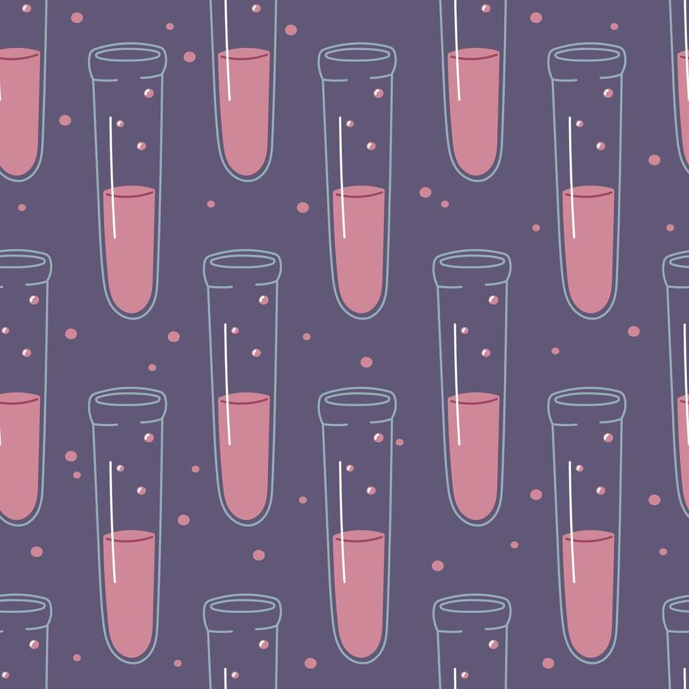flat seamless pattern with test chemical tube with pink liquid and bubbles. Ideal for educational, scientific, school, or chemistry related designs and experiments visuals. vector
