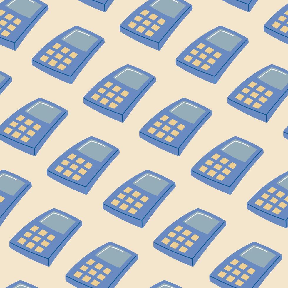 flat seamless pattern with blue calculator with buttons and display. Ideal for school, math, finance, accounting, and educational themed graphic projects vector