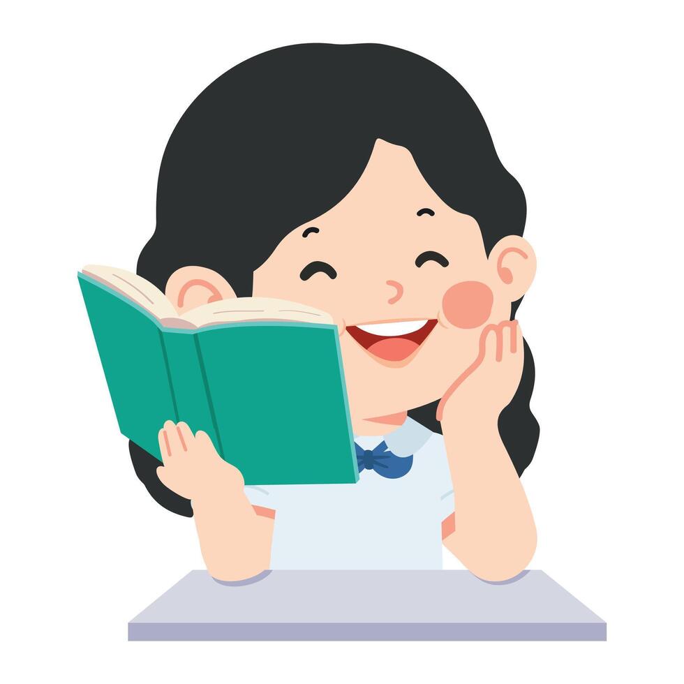 Kid Girl Reading a Book at Desk vector