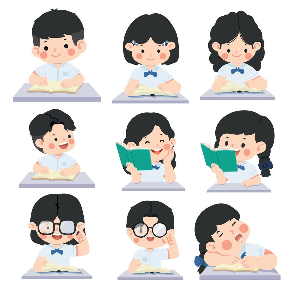Happy Children Learning with Book Set vector