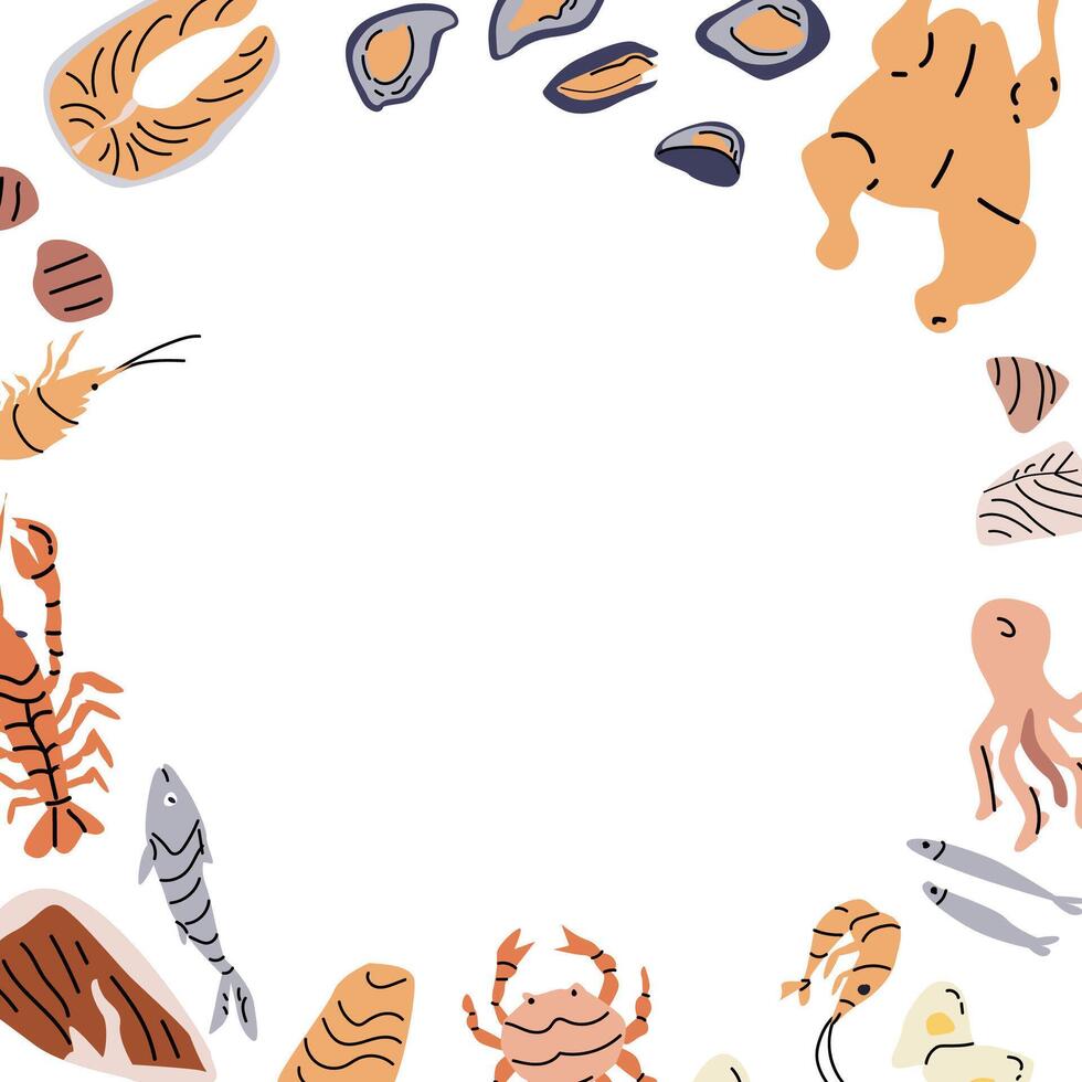 Mediterranean cuisine border design featuring seafood elements for culinary decor vector