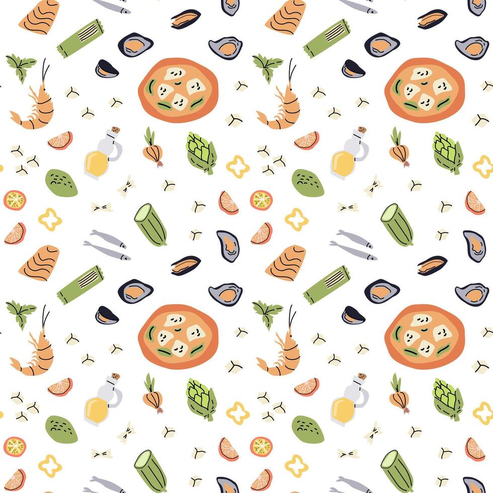 Mediterranean cuisine pattern with seafood and fresh ingredients for culinary design vector