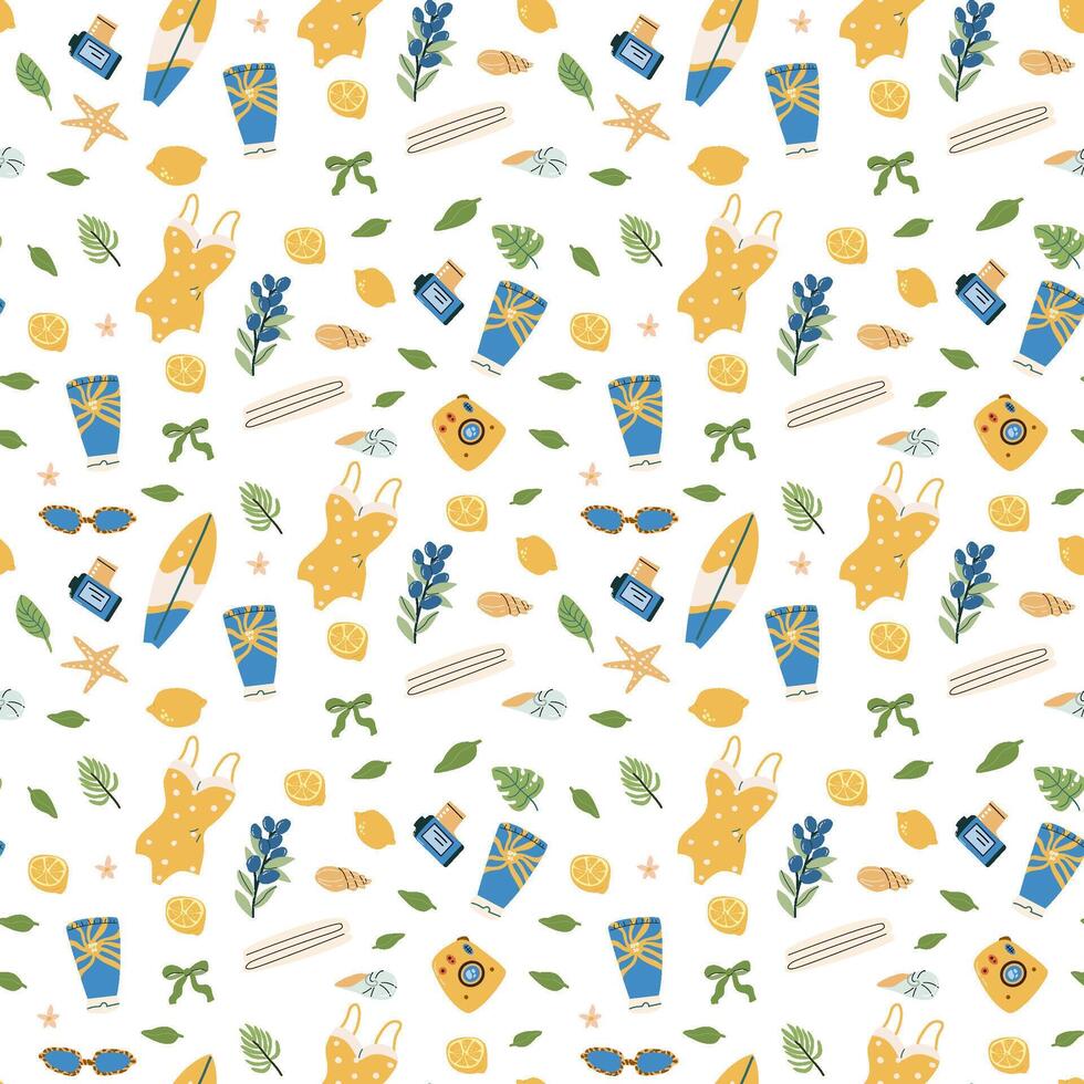 Summer vacation pattern with surfboards, sunglasses, and beach gear for creative projects vector