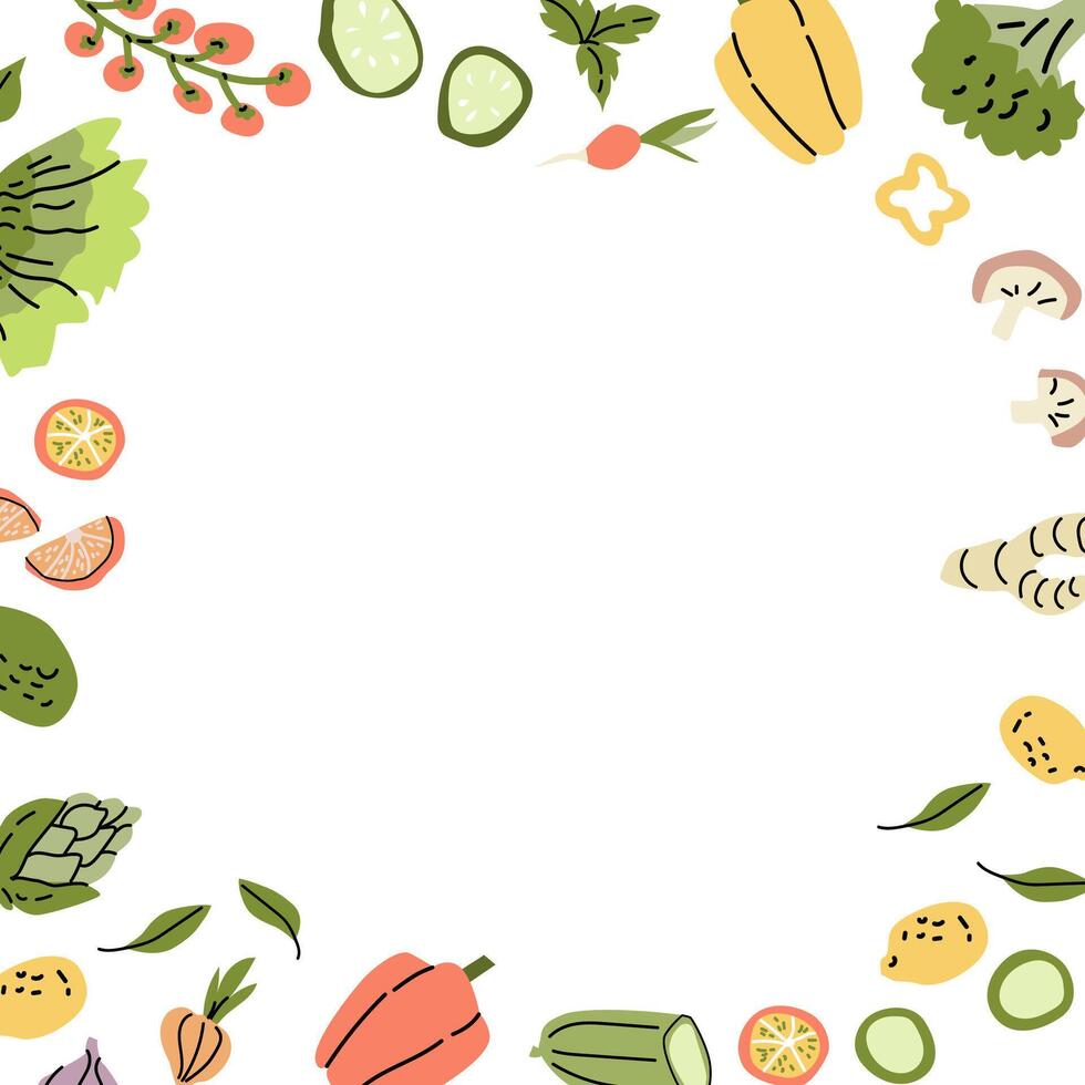 Mediterranean food elements border with vegetables and herbs for culinary decoration vector