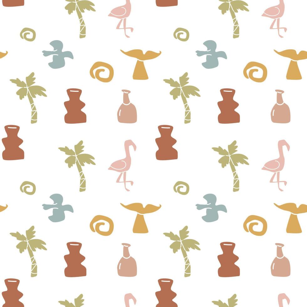 Boho summer elements pattern with flamingos and palm trees for artistic design vector