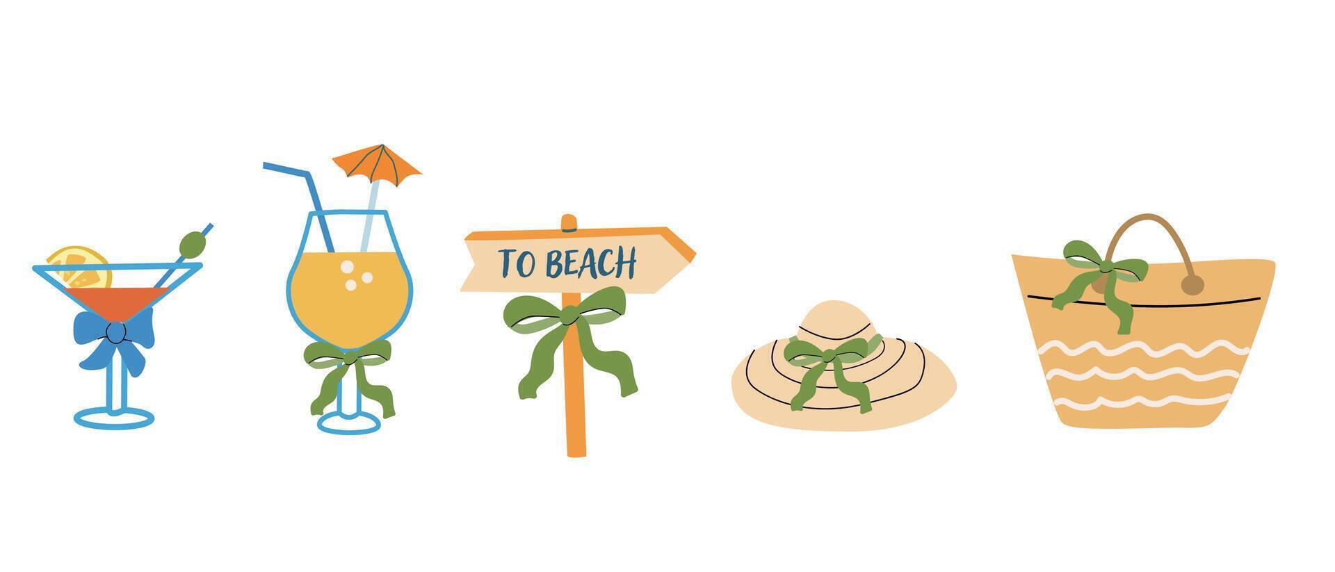 Summer vacation icons featuring beach signs, refreshing drinks, and accessories for design use vector