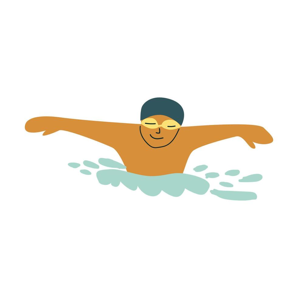 Cartoon illustration of male swimmer in action with goggles and swim cap vector