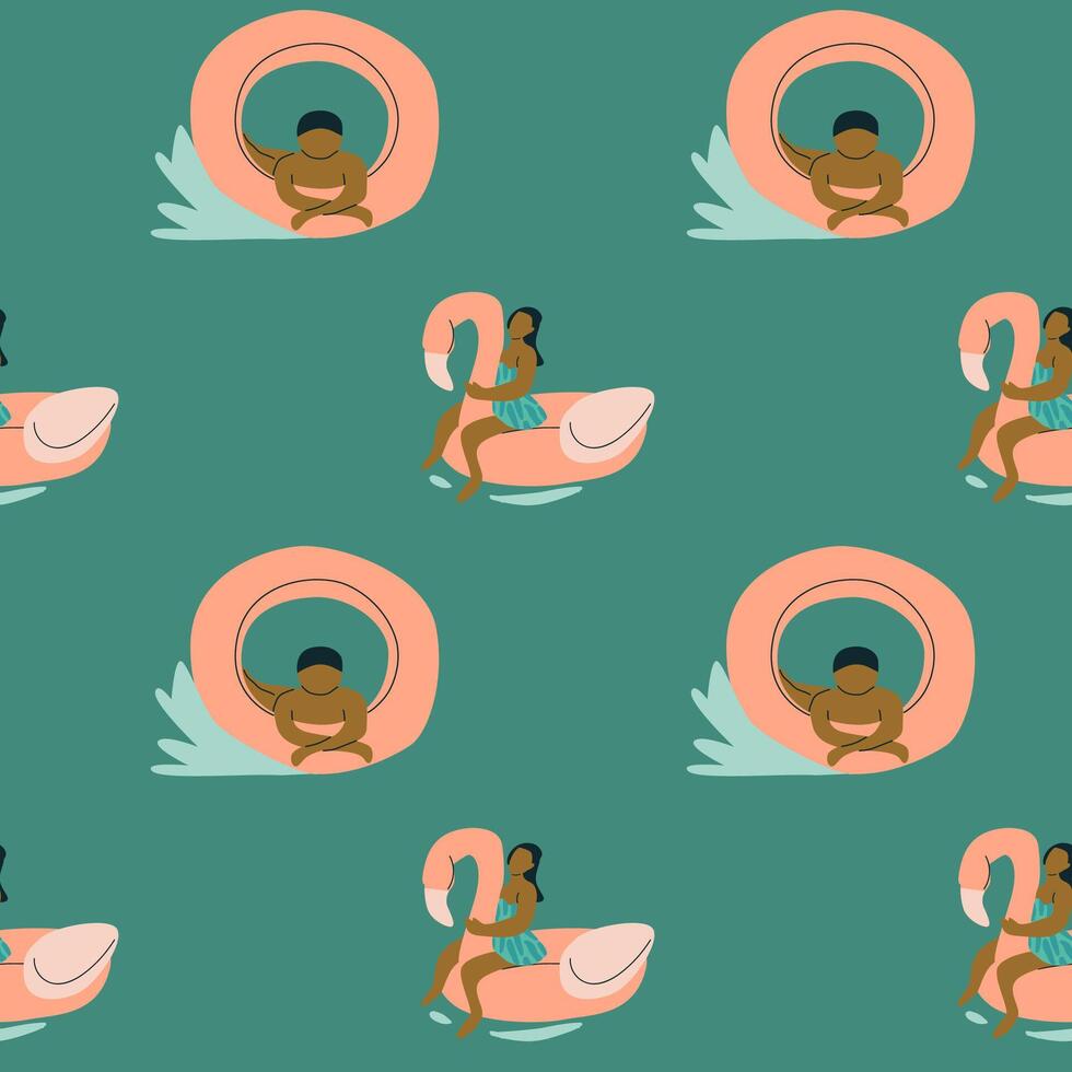 Seamless pattern with diverse children and pool floats on teal background vector