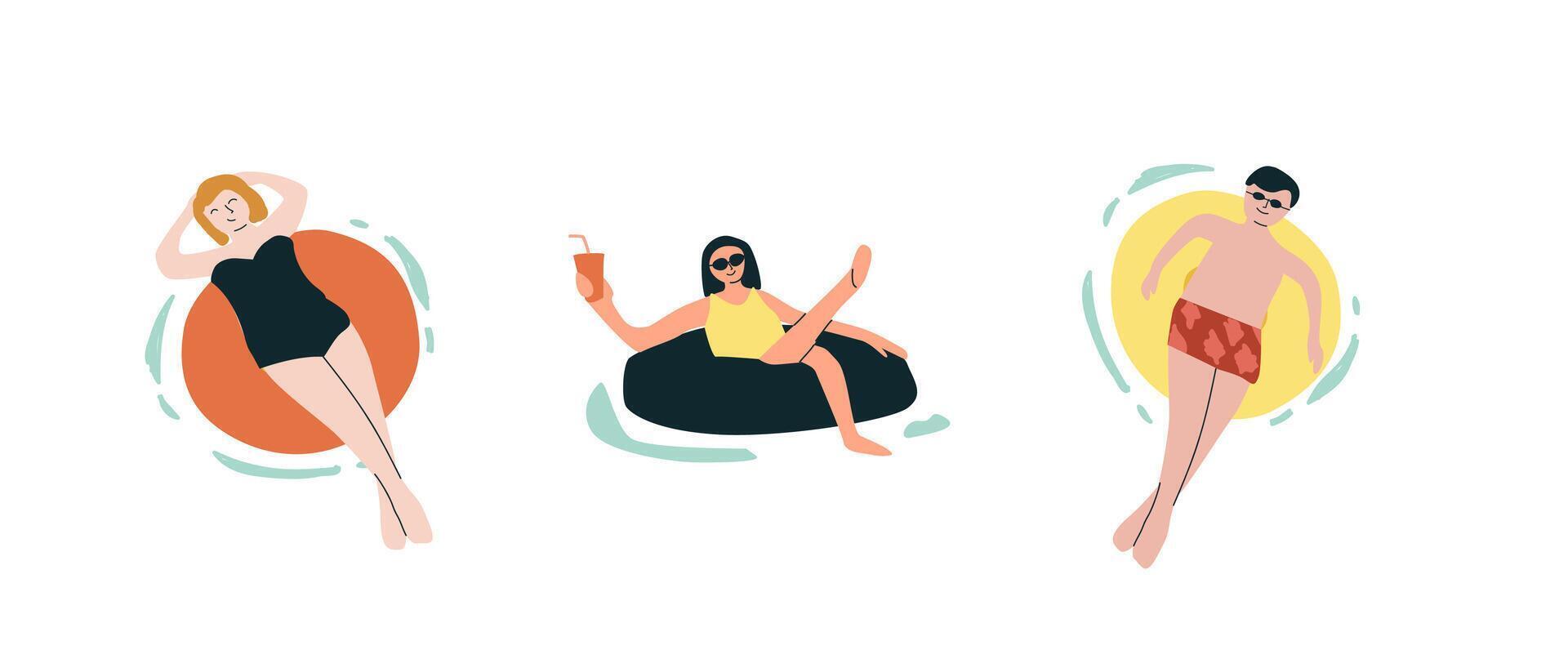 Three people relaxing in pool on inflatable tubes vector