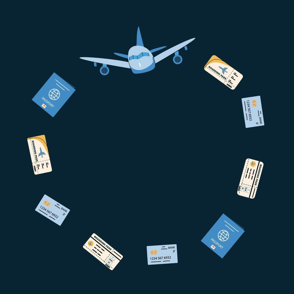 Travel and adventure stickers featuring airplane, passport, and boarding pass elements vector