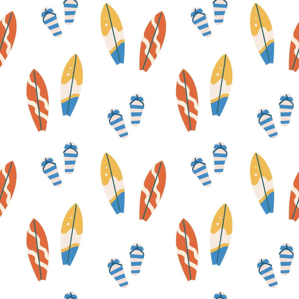 Colorful summer vacation stickers featuring surfboards and flip flops for fun design projects vector