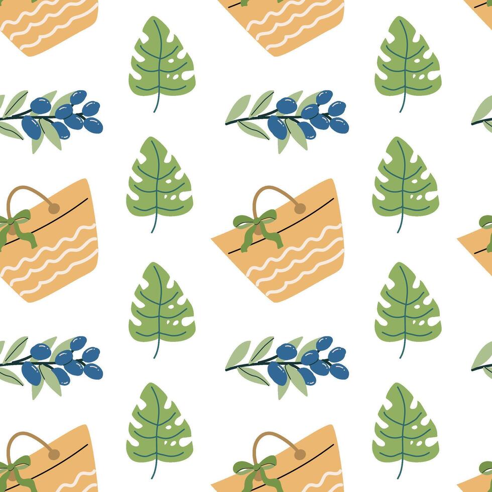 Summer vacation stickers pattern with leaves and picnic baskets for decorative design vector