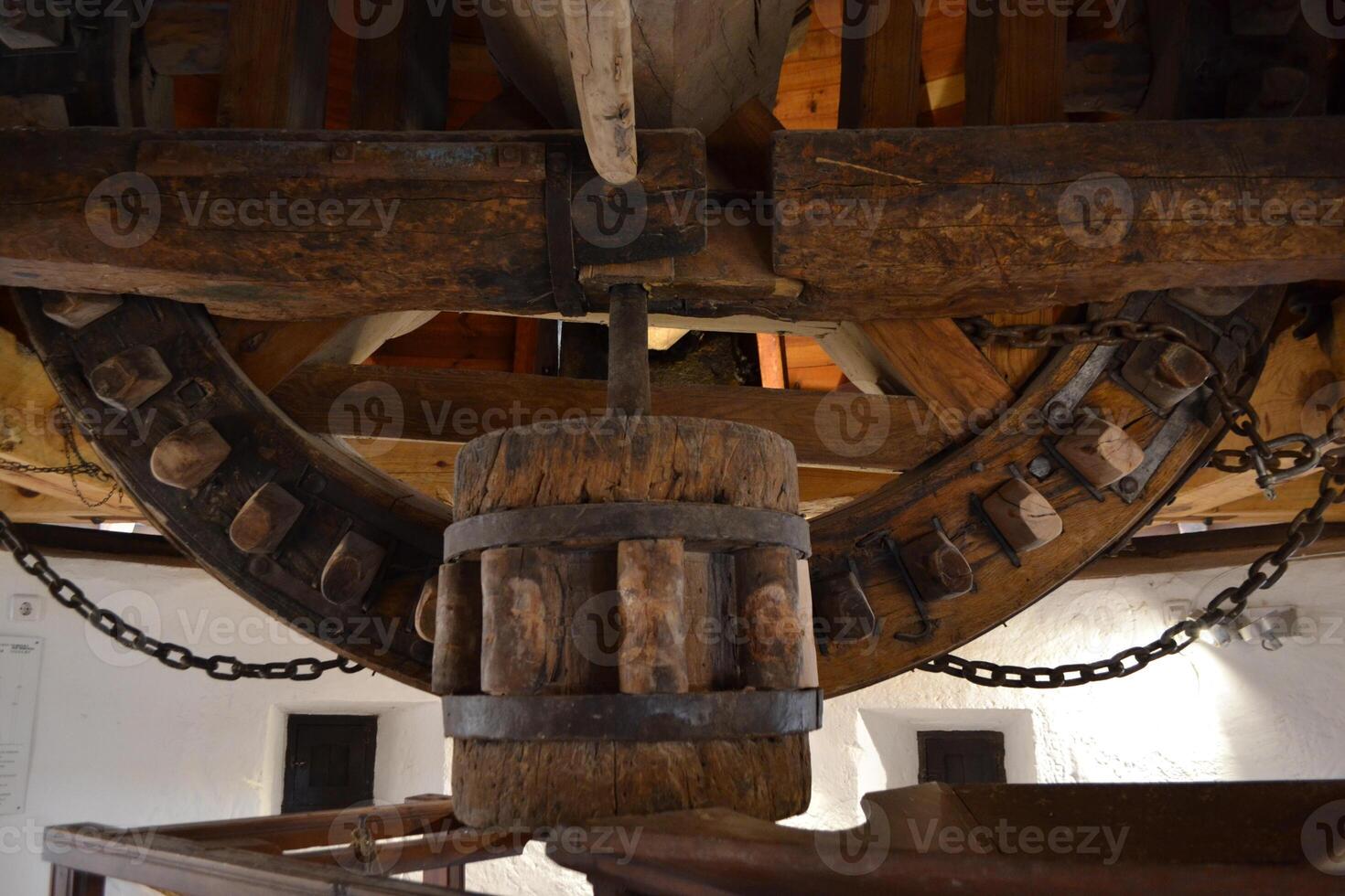 Historic windmill mechanism in spain - traditional wooden machinery for sustainable energy. Consuegra. La Mancha. Spain photo