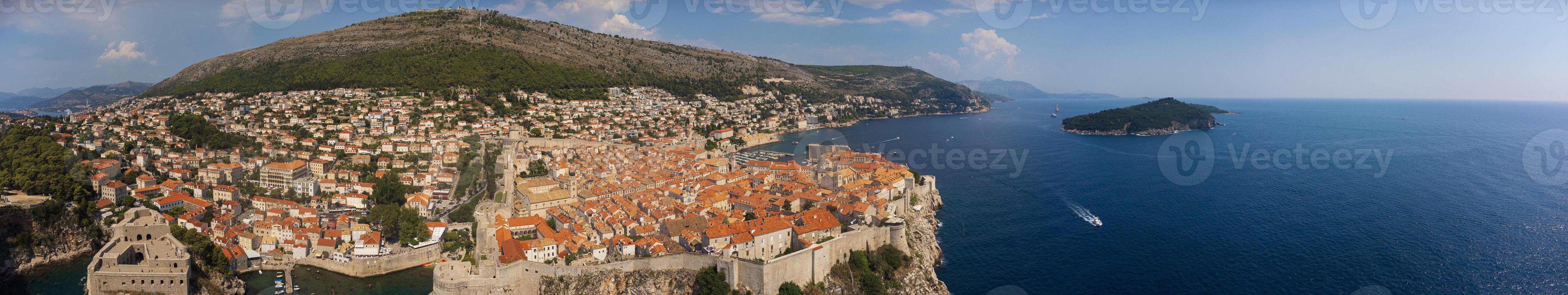 Panorama of the coastal city of Dubrovnik. High angle view of the Croatian coast and the old town summer tourist attraction photo