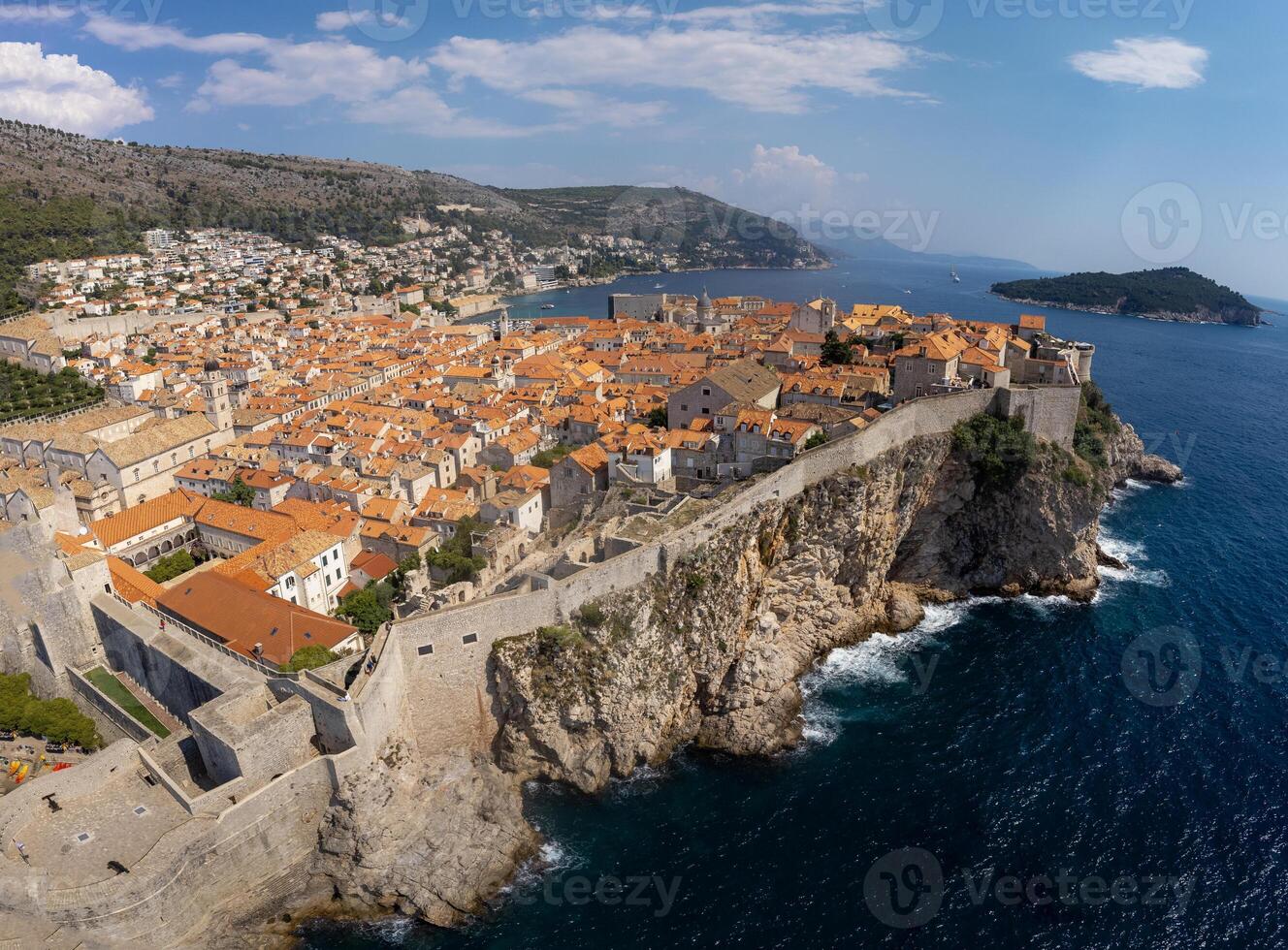 Aerial panorama of the coastal city of Dubrovnik. High angle view of the Croatian coast and the old town summer tourist attraction photo