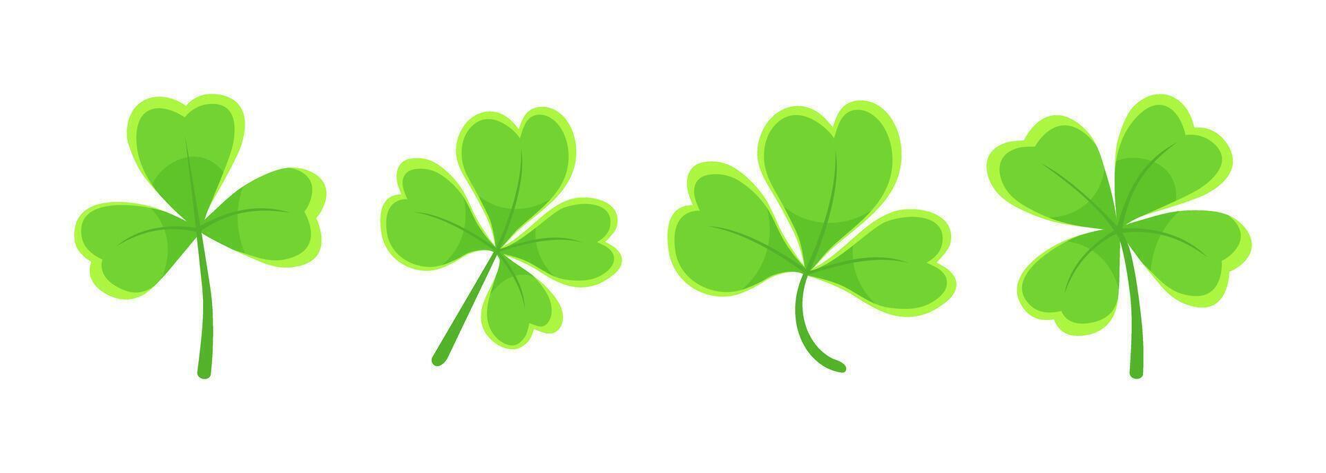 Lucky four, three clover shamrock leaf flat style illustration set. vector