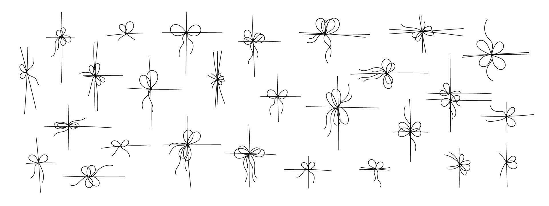 Black line style gift ribbon bows set isolated on white background collection. vector