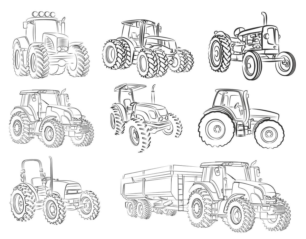 Sketches of tractors. vector