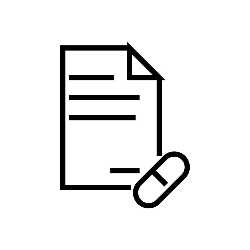 Medical document and prescription icon, featuring a paper file with a medicine capsule. Ideal for healthcare records, patient information, and treatment plans vector