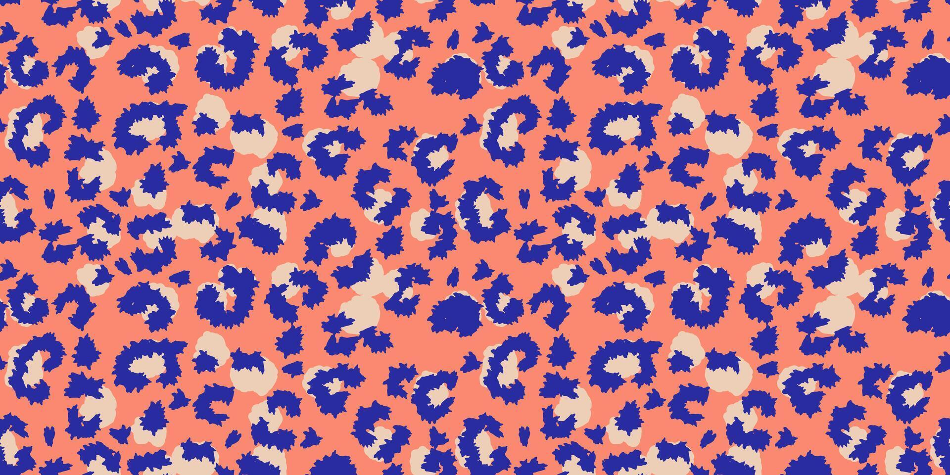 Seamless pattern inspired by leopard print with a modern twist. Features bold cobalt blue spots on a peach background with soft beige accents. Perfect for fashion, textiles, and bold design. vector