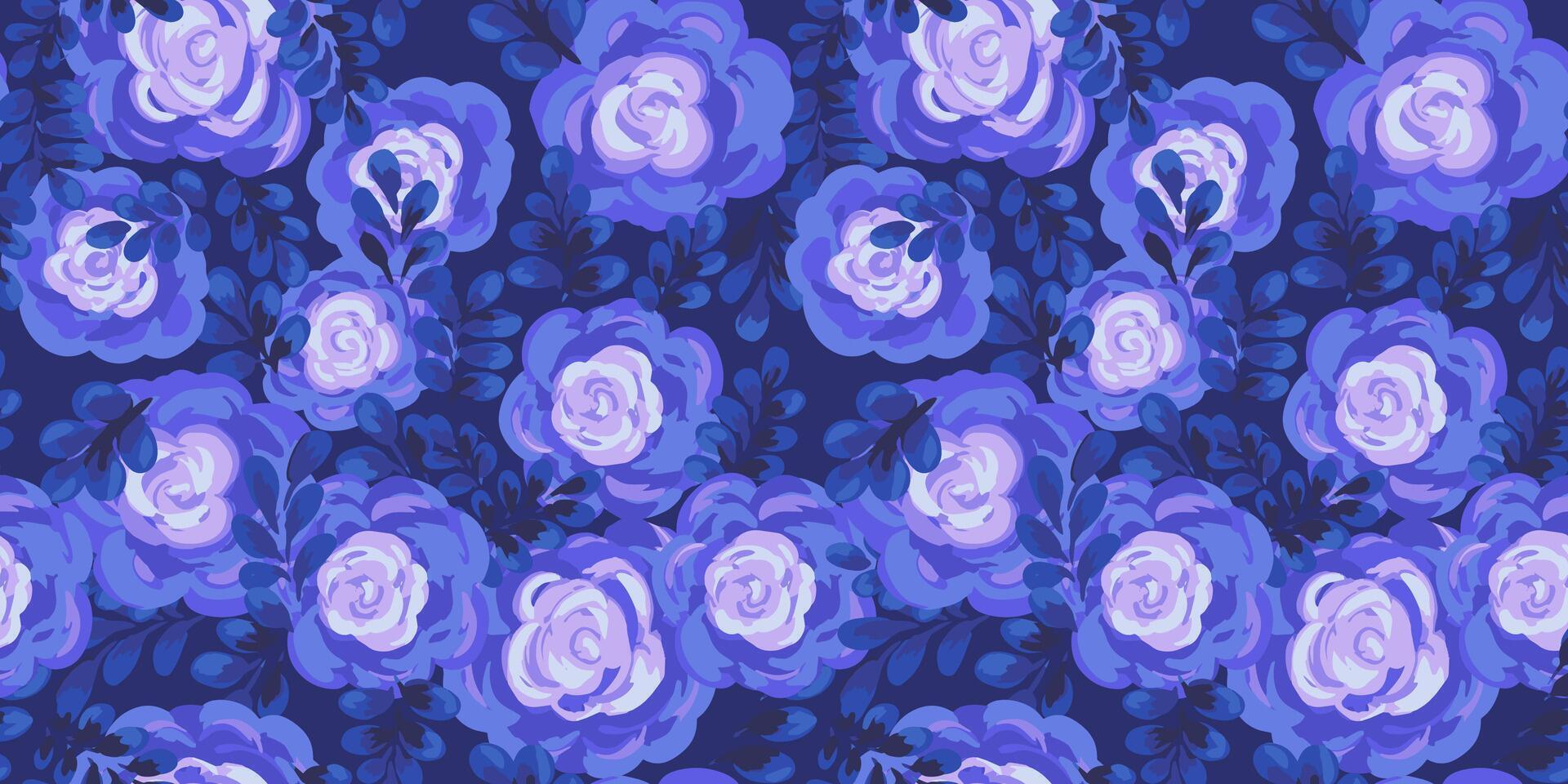 Seamless floral pattern with artistic blue roses and navy leaves on a deep background. Hand painted brushstroke style, perfect for textiles, packaging, wallpapers, feminine branding vector