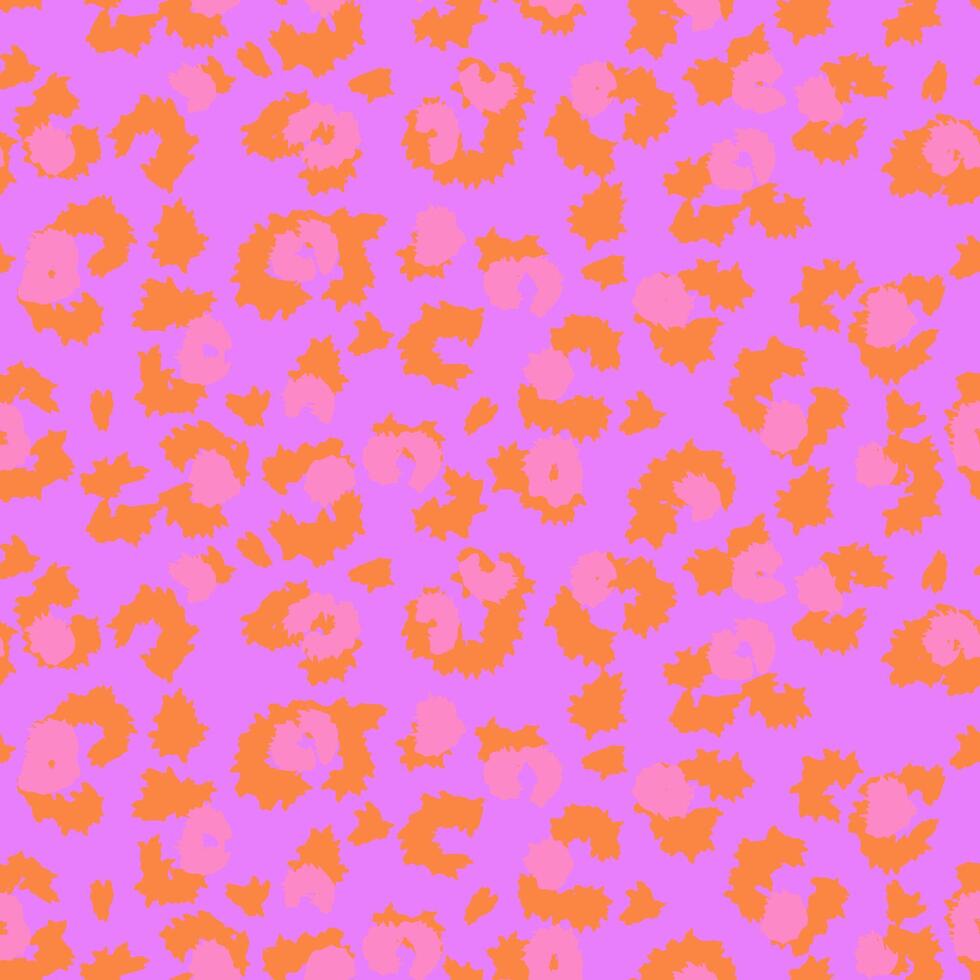 Trendy seamless leopard print pattern with a violet background, vivid orange outlines, and pink accents. Perfect for fashion, kids wear, stationery, and playful branding projects. vector