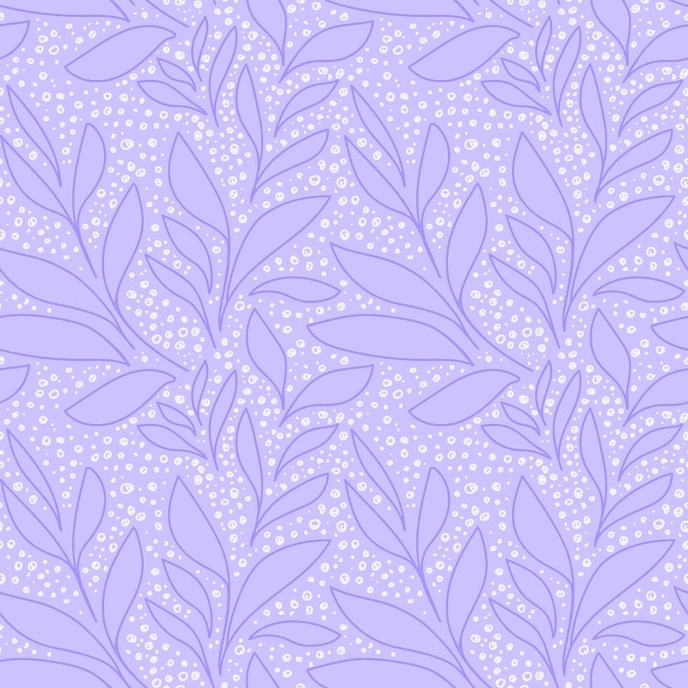 Seamless pattern with abstract lavender leaves and delicate white dots on a soft purple background. Simple design for textiles, packaging, stationery, and modern botanical themed. vector