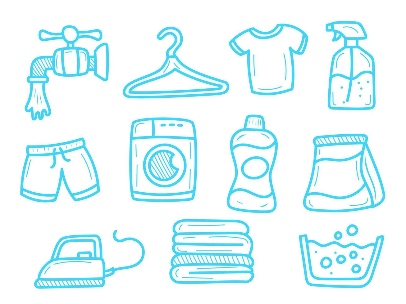 Set of laundry doodle illustrations with blue color. Hand-drawn laundry collection vector