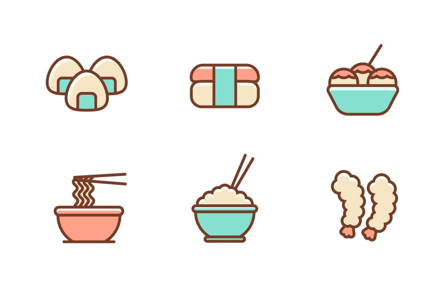 Set of Japanese food icons with soft color design on a white background vector