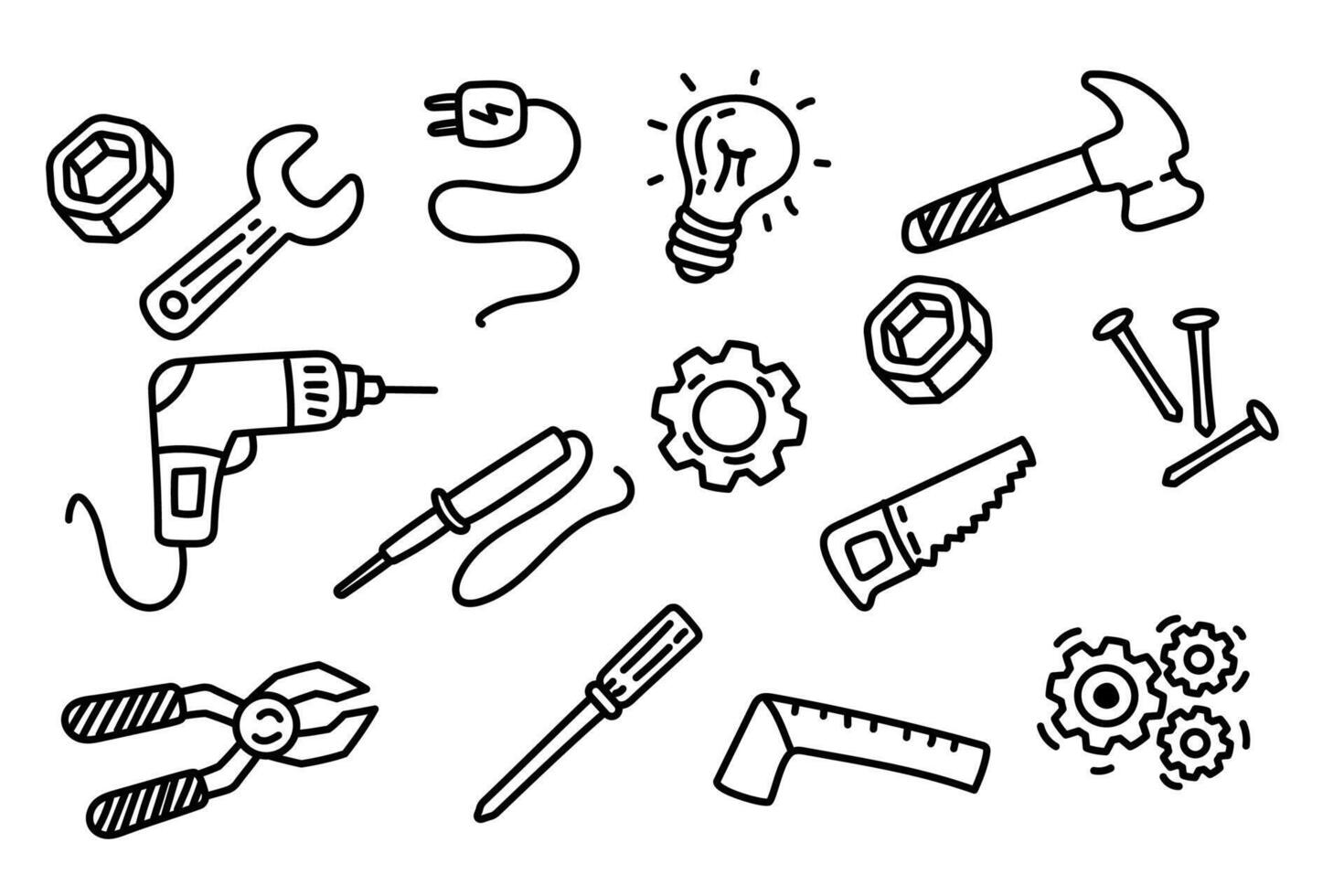 Set of repair tools doodle illustration on white background. Hand-drawn tools elements . vector