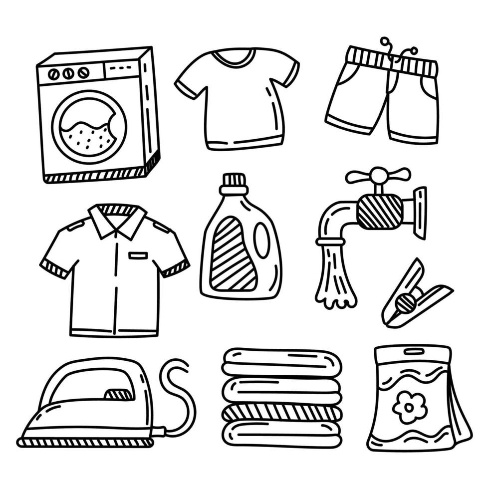Set of laundry doodle illustrations on a white background. Hand-drawn laundry vector