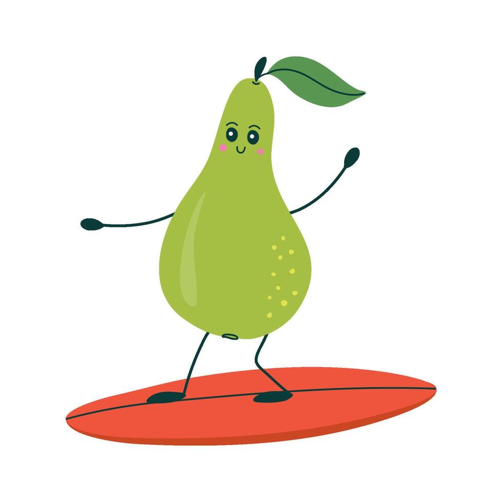 Cute pear character on surfboard. Kawaii fruit character enjoying Summer beach vacations. Hand drawn flat design illustration. vector