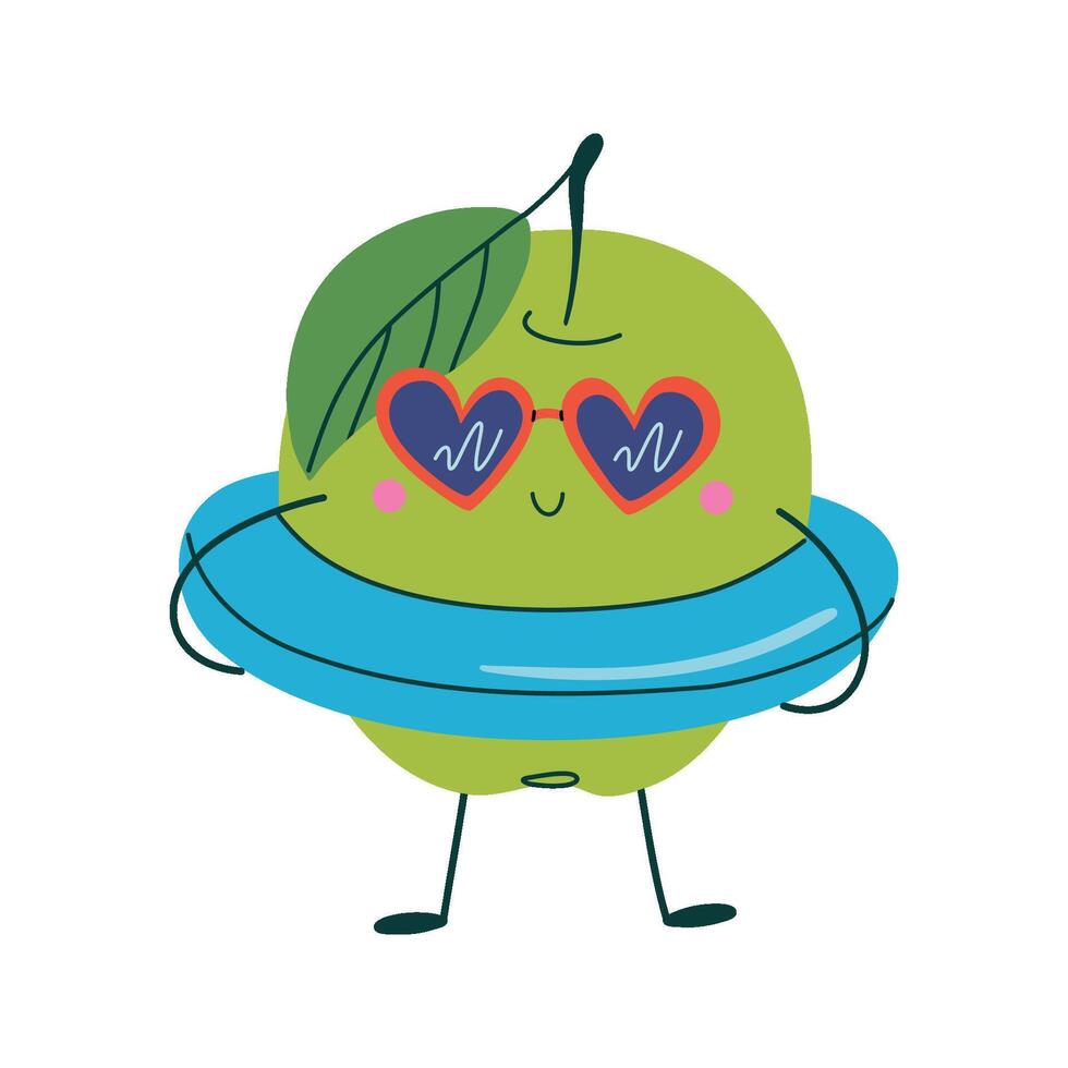 Cute apple character with swimming ring and sunglasses. Kawaii fruit character enjoying Summer beach vacations. Hand drawn flat design illustration. vector