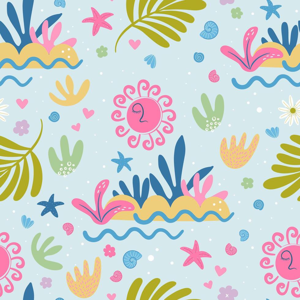 Tropical island sunset seamless pattern. Abstract textured print with Sun, starfishes, plants. Summertime beach vacation background. Hand drawn vibrant colors illustration. vector