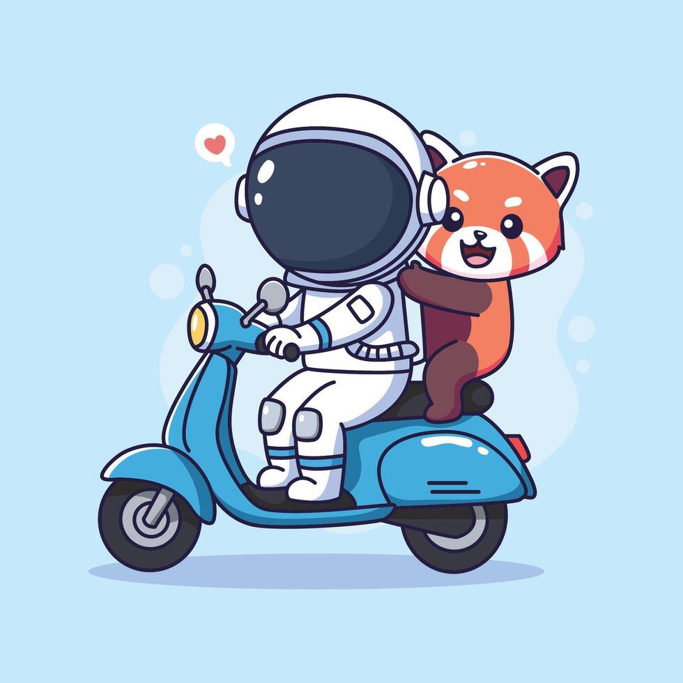 Cute astronout and red panda on a vespa. illustration. vector